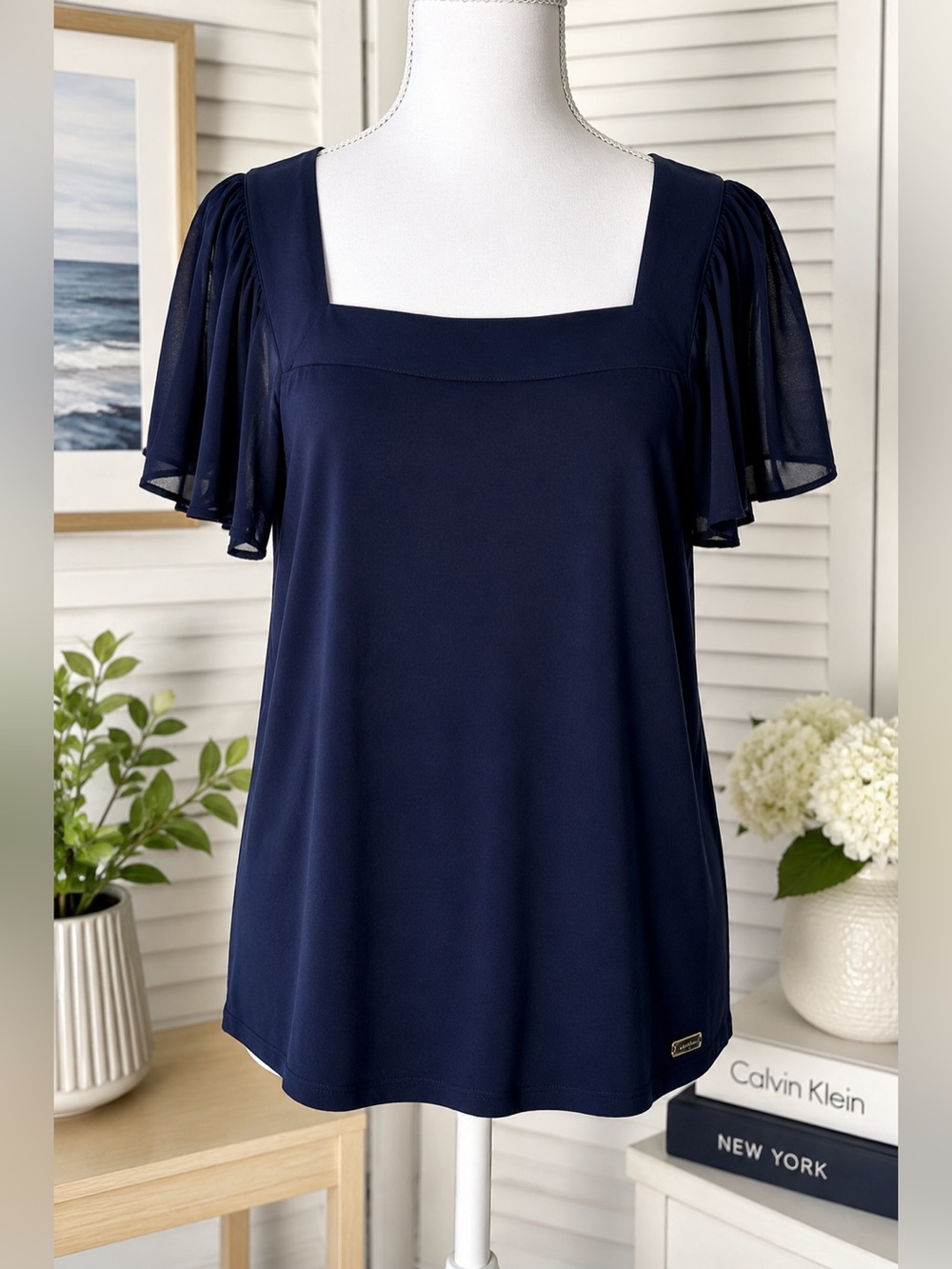 NWT Calvin Klein Navy Flutter Sleeve Square Neck Top L